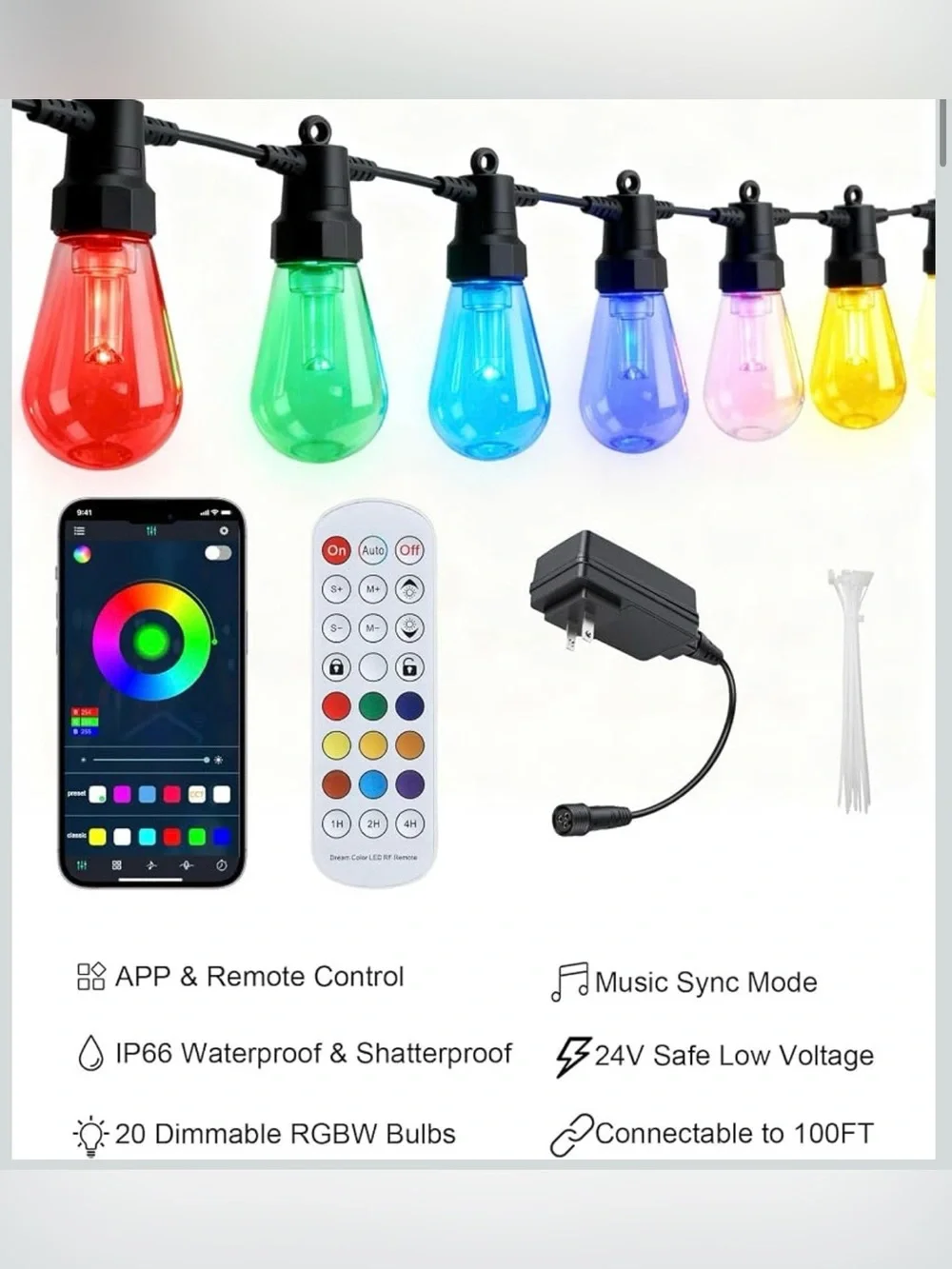 Outdoor string lights, 50FT RHBW color changing patio lights with remote and APP